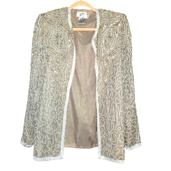 PAPELL BOUTIQUE Evening vintage beaded openfront jacket.Gray/silver. Size Medium - Picture 2 of 15